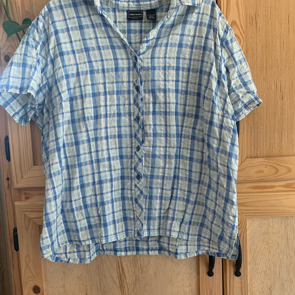 Bobbie Brooks Blue and White Crinkled Plaid Button-Down Shirt